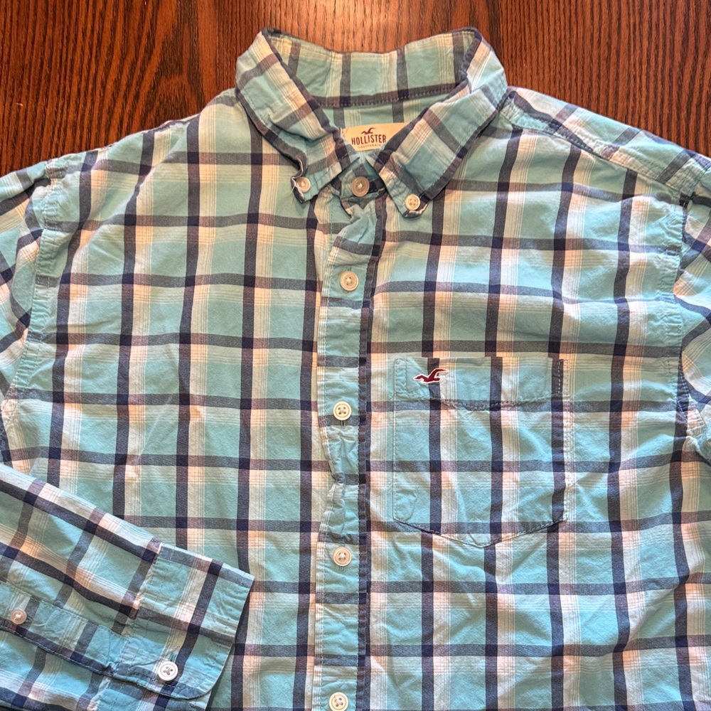 Hollister Men's Aqua and Navy Plaid Shirt